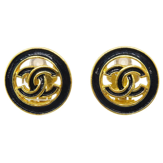 Chanel Gold Black Button Earrings Clip-On 93C