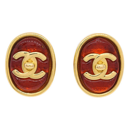 Chanel Oval Turnlock Gripoix Earrings Clip-On Red 97P