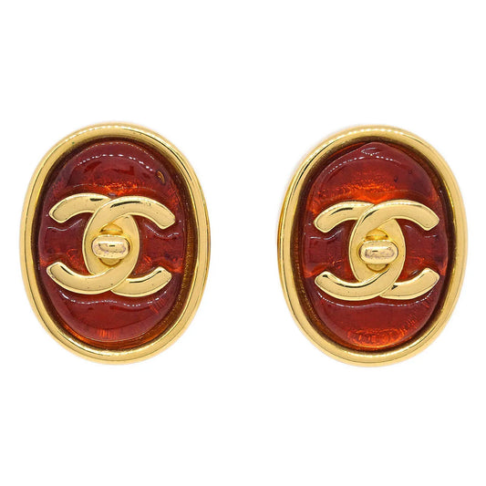 Chanel Oval Turnlock Gripoix Earrings Clip-On Red 97P