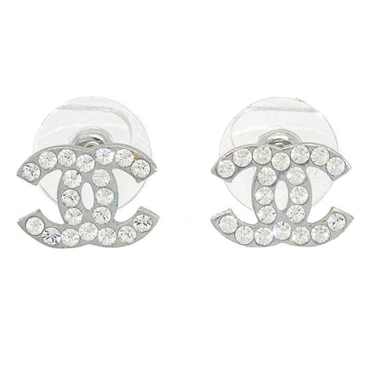 Chanel CC Piercing Earrings Silver Rhinestone 07V