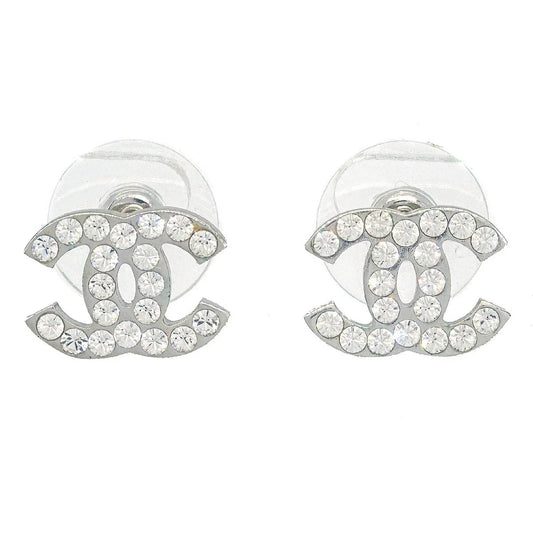 Chanel CC Piercing Earrings Silver Rhinestone 07V