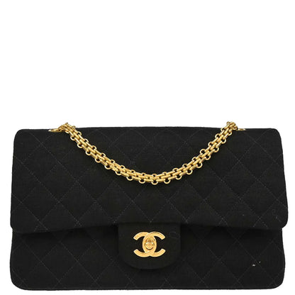 Chanel 1996-1997 Black Cotton Medium Classic Double Flap Shoulder Bag