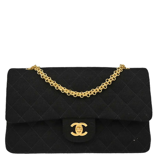 Chanel 1996-1997 Black Cotton Medium Classic Double Flap Shoulder Bag
