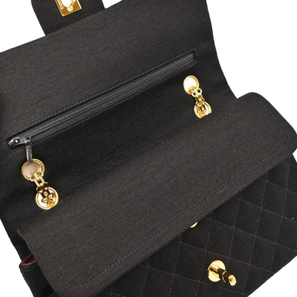 Chanel 1996-1997 Black Cotton Medium Classic Double Flap Shoulder Bag