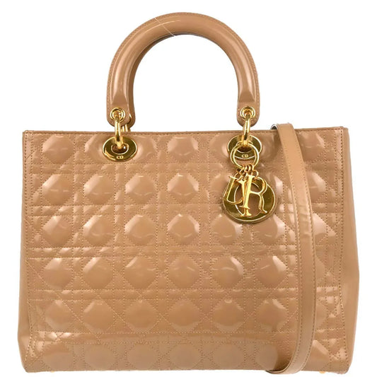 Christian Dior Beige Leather Lady Dior Cannage 2way Shoulder Handbag