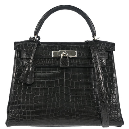 Hermes * 2008 Black Matt Niloticus Kelly 28 Retourne 2way Shoulder Handbag