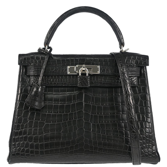 Hermes * 2008 Black Matt Niloticus Kelly 28 Retourne 2way Shoulder Handbag