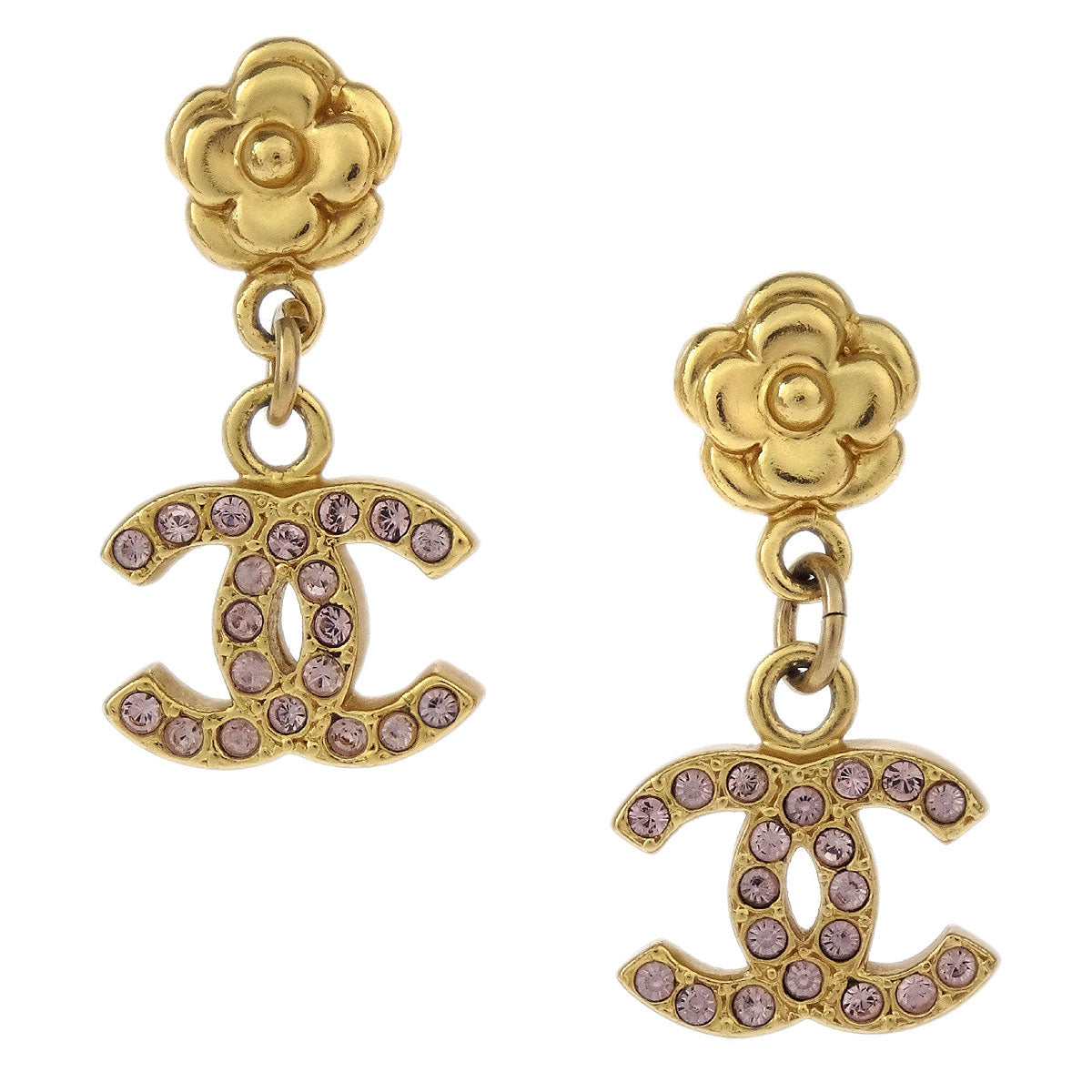 Chanel Dangle CC Piercing Earrings Gold Rhinestone 02P