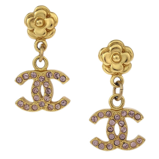 Chanel Dangle CC Piercing Earrings Gold Rhinestone 02P