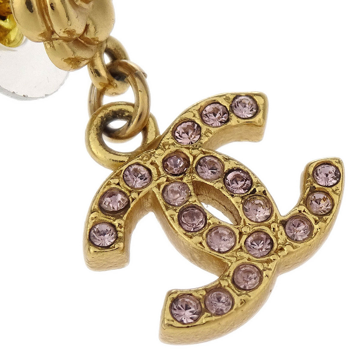 Chanel Dangle CC Piercing Earrings Gold Rhinestone 02P