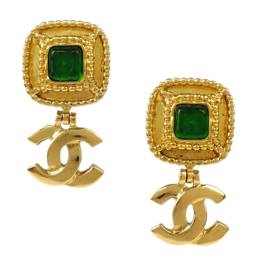 Chanel Gripoix Dangle Earrings Clip-On CC Square Gold 96A