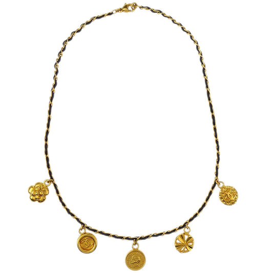 Chanel Icon Gold Black Leather Chain Necklace 96P