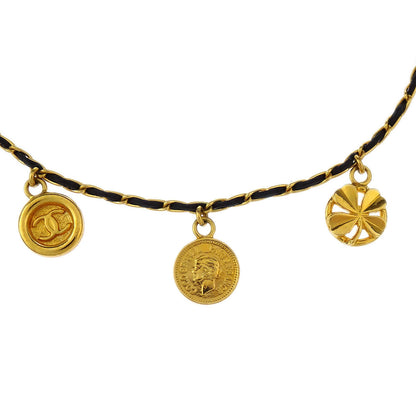 Chanel Icon Gold Black Leather Chain Necklace 96P