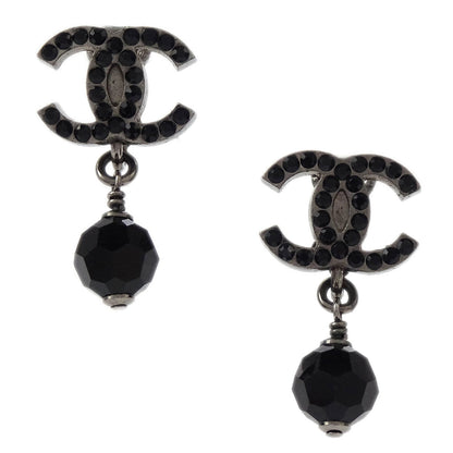 Chanel CC Dangle Earrings Clip-On Silver Black Rhinestone 04A