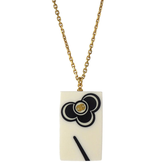 Chanel Rectangle Chain Necklace Pendant Gold White 02P