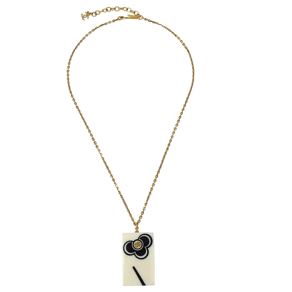 Chanel Rectangle Chain Necklace Pendant Gold White 02P
