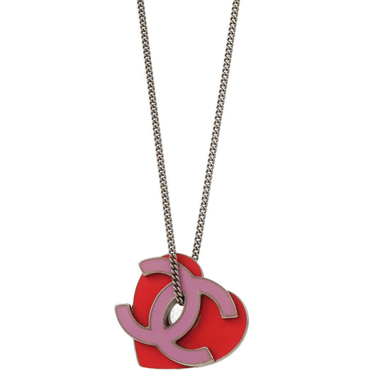 Chanel CC Heart Chain Necklace Silver Pink 04P