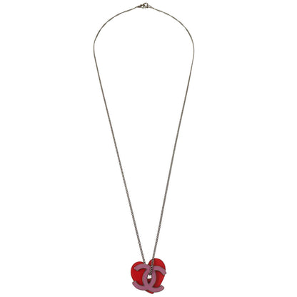Chanel CC Heart Chain Necklace Silver Pink 04P