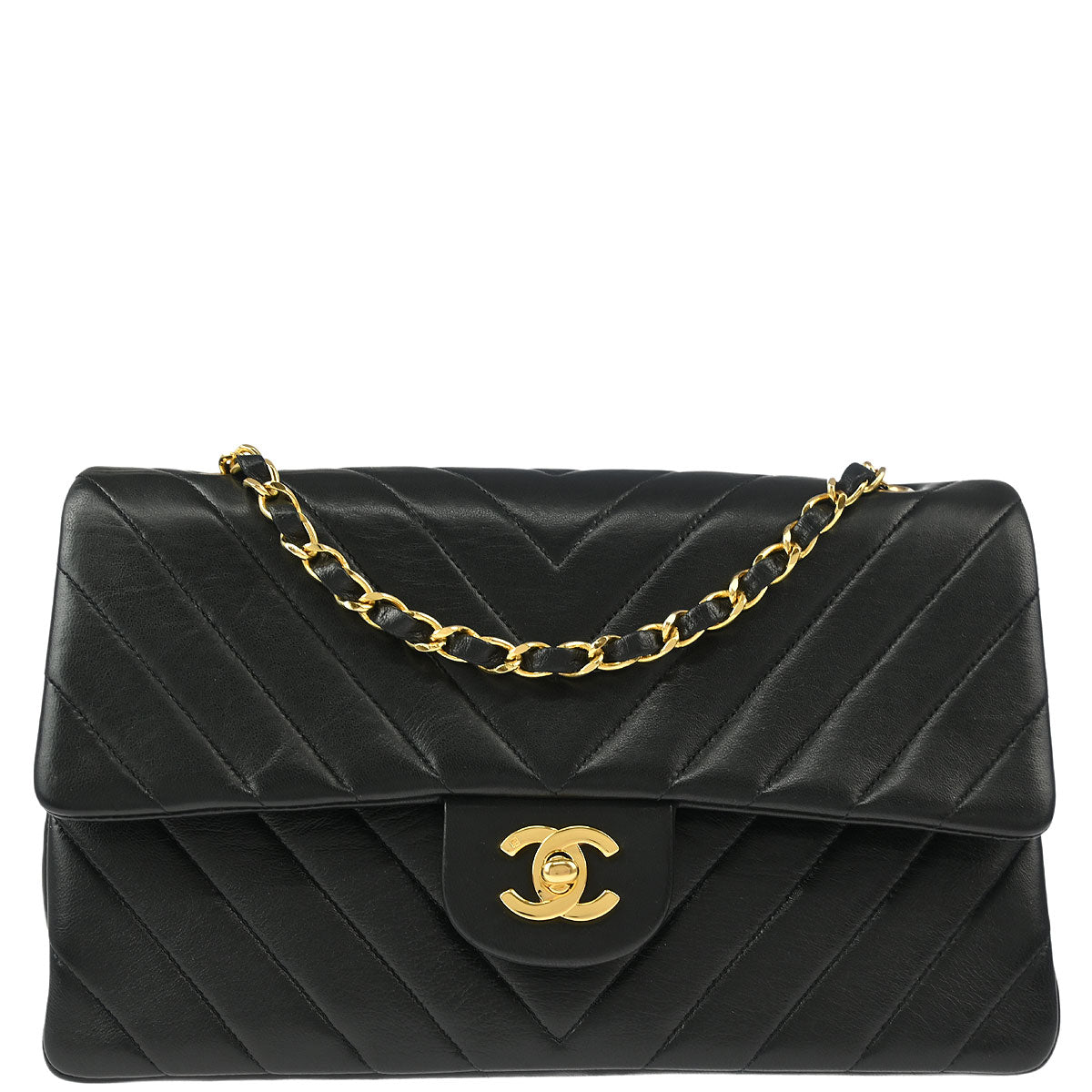 Chanel 1989-1991 Black Lambskin Chevron Medium Classic Double Flap Shoulder Bag