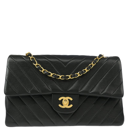 Chanel 1989-1991 Black Lambskin Chevron Medium Classic Double Flap Shoulder Bag