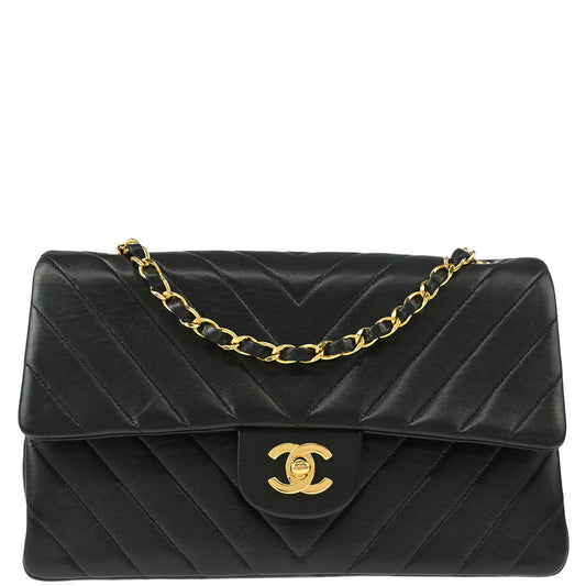 Chanel 1989-1991 Black Lambskin Chevron Medium Classic Double Flap Shoulder Bag