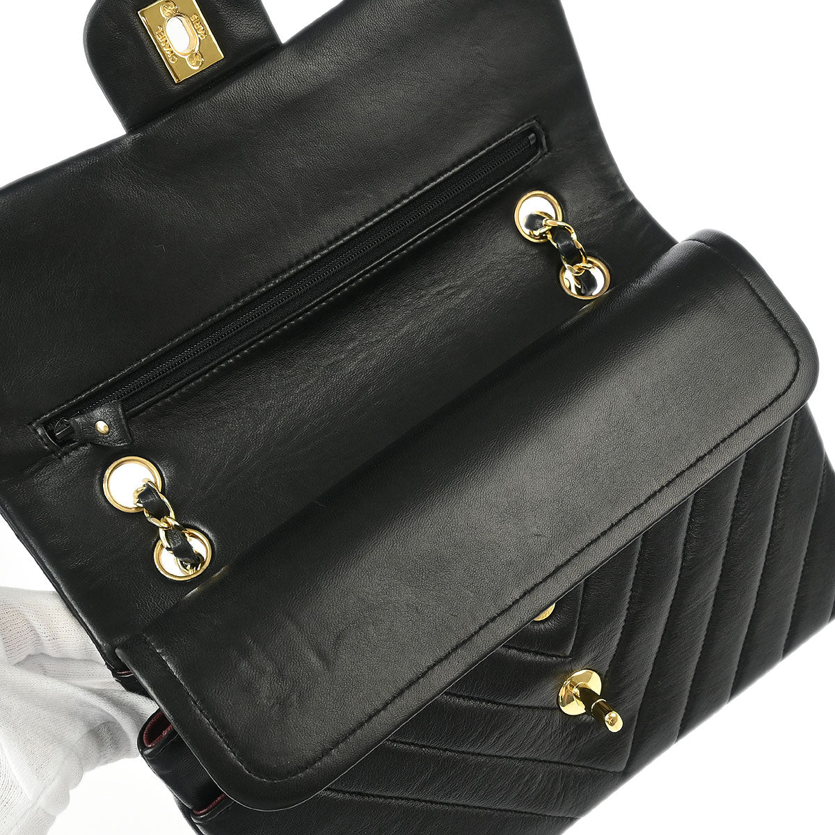 Chanel 1989-1991 Black Lambskin Chevron Medium Classic Double Flap Shoulder Bag