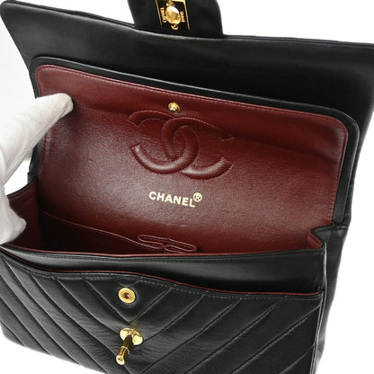 Chanel 1989-1991 Black Lambskin Chevron Medium Classic Double Flap Shoulder Bag