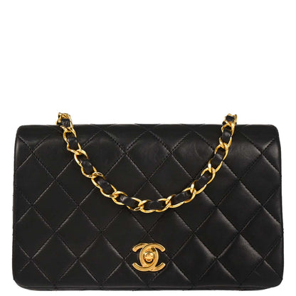 Chanel 1989-1991 Black Lambskin Turnlock Mini Full Flap Shoulder Bag