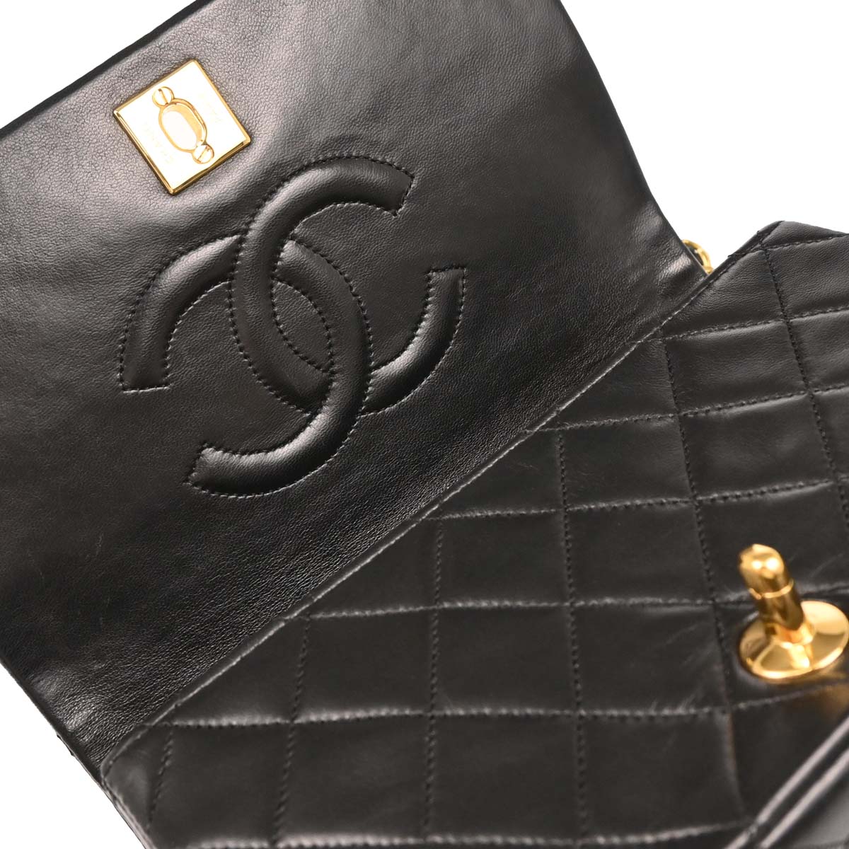 Chanel 1989-1991 Black Lambskin Turnlock Mini Full Flap Shoulder Bag