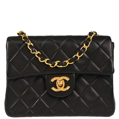 Chanel 1989-1991 Black Lambskin Mini Classic Square Flap Shoulder Bag