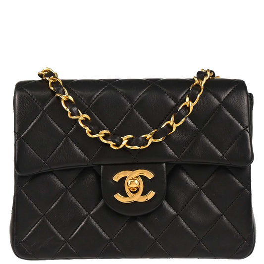 Chanel 1989-1991 Black Lambskin Mini Classic Square Flap Shoulder Bag