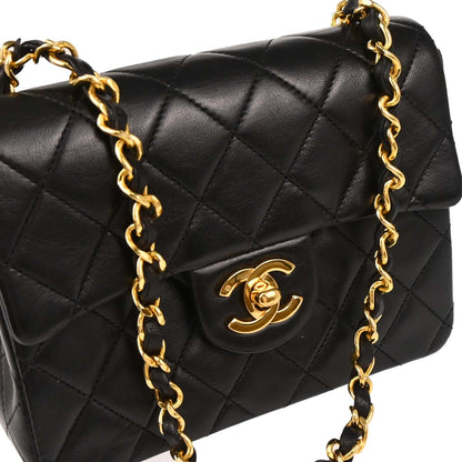 Chanel 1989-1991 Black Lambskin Mini Classic Square Flap Shoulder Bag
