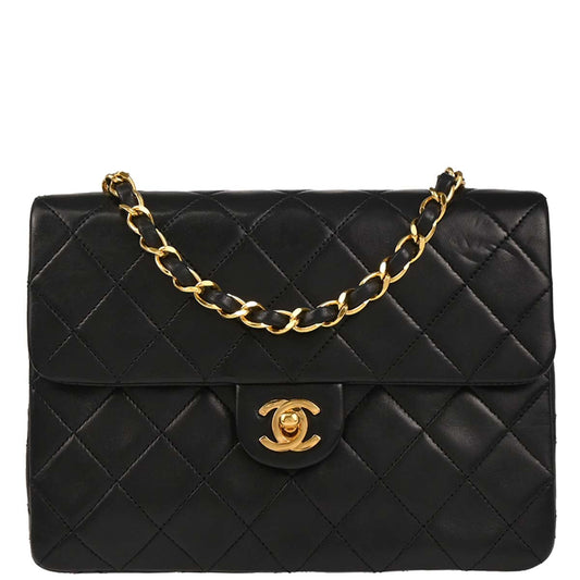 Chanel 1989-1991 Black Lambskin Classic Square Flap Shoulder Bag