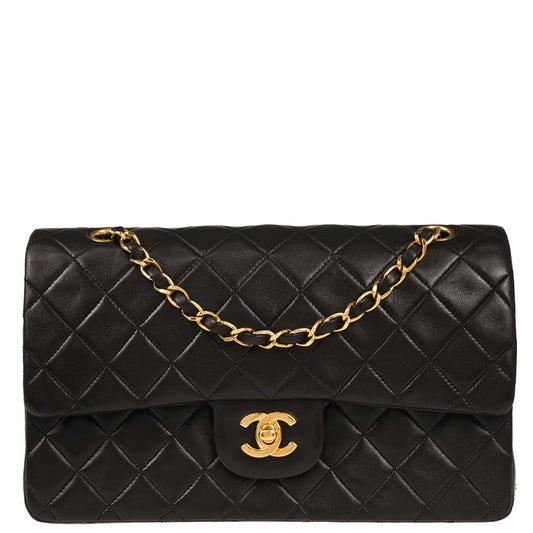 Chanel 1997-1999 Black Lambskin Medium Classic Double Flap Shoulder Bag