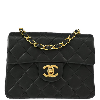 Chanel 1989-1991 Black Lambskin Mini Classic Square Flap Shoulder Bag