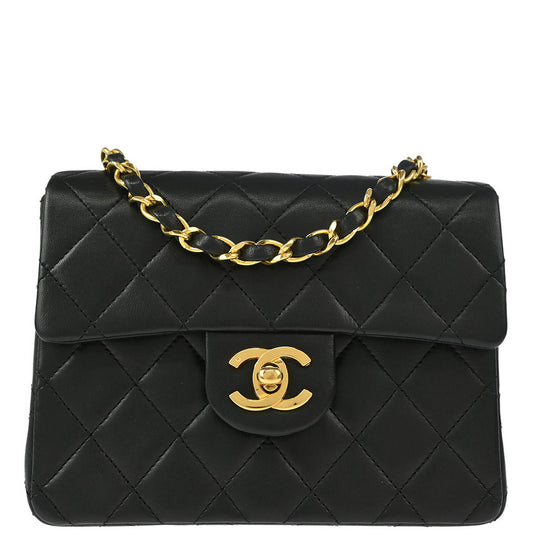Chanel 1989-1991 Black Lambskin Mini Classic Square Flap Shoulder Bag