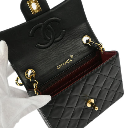 Chanel 1989-1991 Black Lambskin Mini Classic Square Flap Shoulder Bag