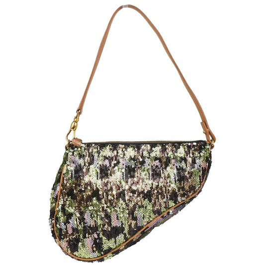 Christian Dior Green Black Sequins Saddle Handbag