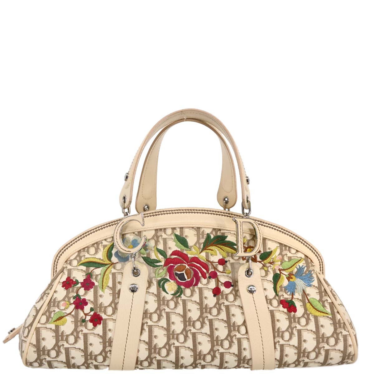 Christian Dior 2005 White Canvas Embroidered Flower Trotter Handbag