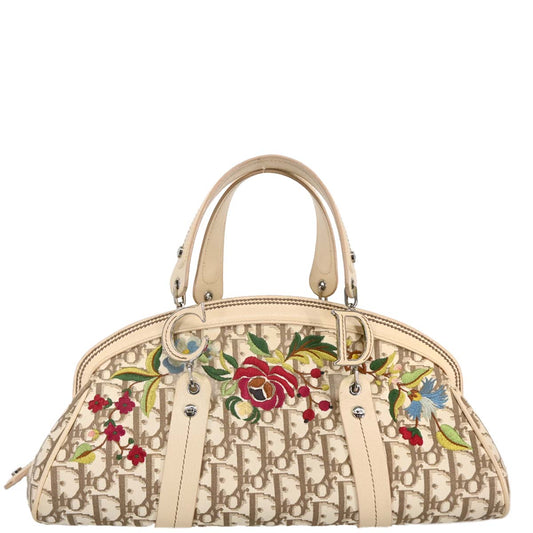 Christian Dior 2005 White Canvas Embroidered Flower Trotter Handbag