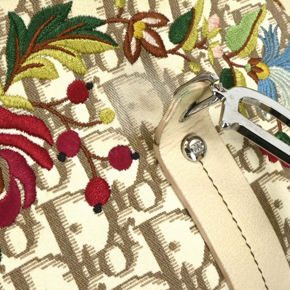 Christian Dior 2005 White Canvas Embroidered Flower Trotter Handbag