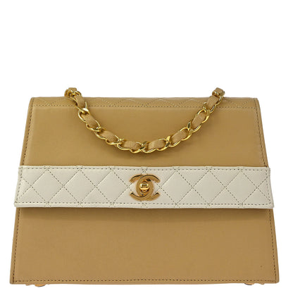 Chanel 1989-1991 Beige White Lambskin Straight Flap Shoulder Bag