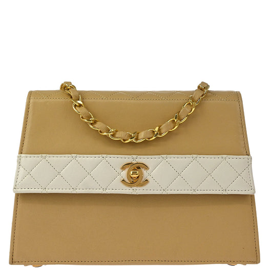 Chanel 1989-1991 Beige White Lambskin Straight Flap Shoulder Bag