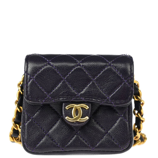 Chanel 1989-1991 Dark Purple Lambskin Micro Chain Shoulder Bag Pouch