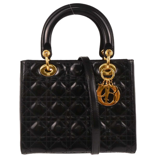 Christian Dior Black Patent Lady Dior Cannage Handbag