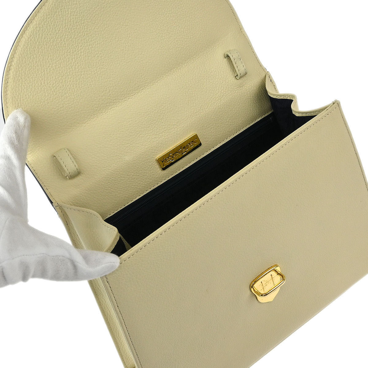 Yves Saint Laurent White Navy Leather 2way Shoulder Handbag