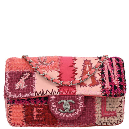Chanel 2017 Pink Calfskin Tweed Patchwork Medium Classic Single Flap