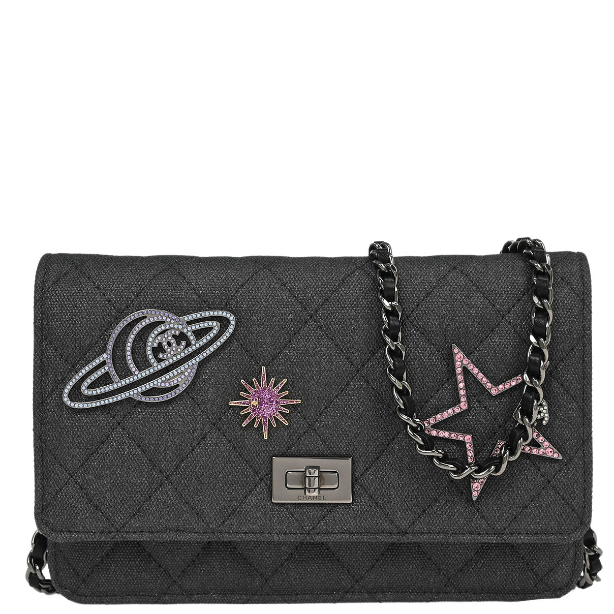 Chanel 2018 Gray Canvas Rhinestone Mademoiselle Lock Wallet on Chain WOC