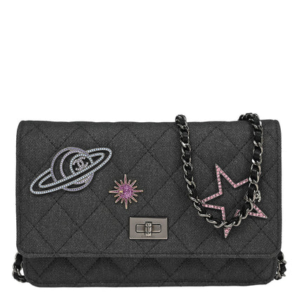 Chanel 2018 Gray Canvas Rhinestone Mademoiselle Lock Wallet on Chain WOC