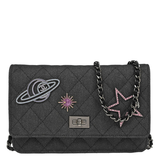 Chanel 2018 Gray Canvas Rhinestone Mademoiselle Lock Wallet on Chain WOC